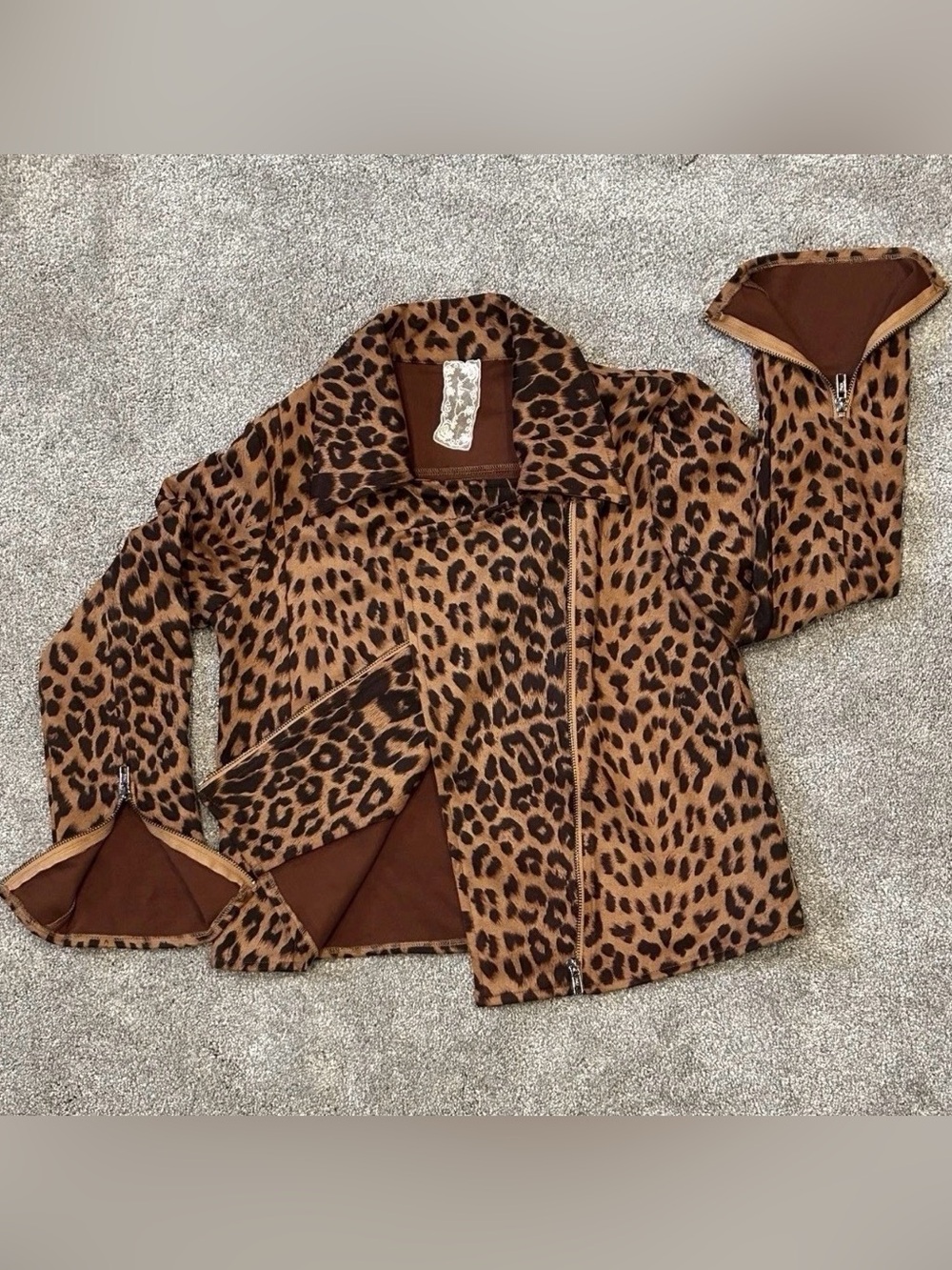 Sadie & Sage Brown Jacket Faux Suede Leopard Print Womens Small Asymmetric Zip